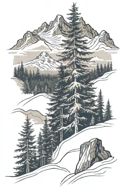 mountains, fir trees, forest, snowboarding, tattoo design idea