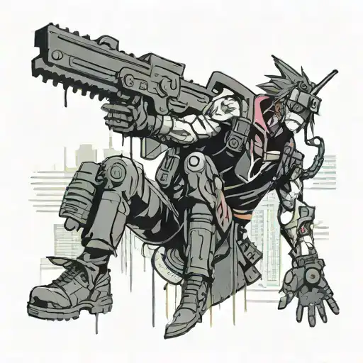chainsaw man standing in cyberpunk cityscape tattoo design idea