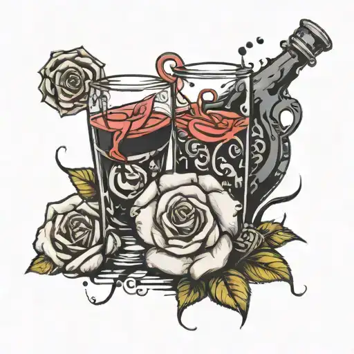 gen&juice bottle &glasses black dice and one rose  tattoo design idea