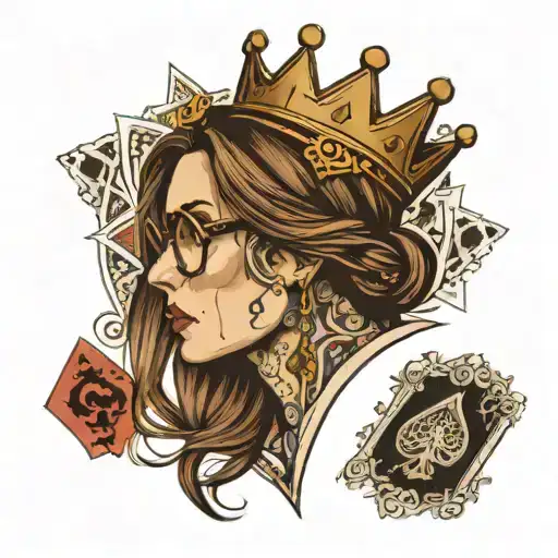 profile of girl, glasses, long straight brown hair, mouth open, crown, big nose, ace of spades card, text:Marjorie tattoo design idea