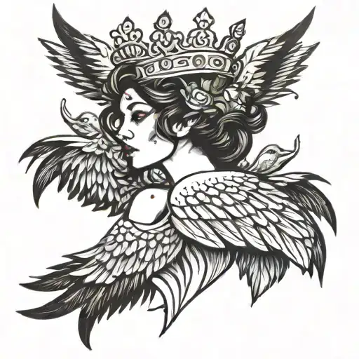 A bird woman with wings in a crown tattoo design idea