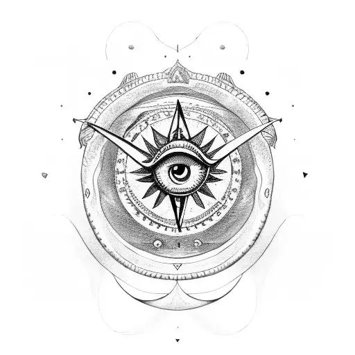 lady protector, ouroboros or uroboros snake, sea, mountains,, compass, evil eye tattoo design idea