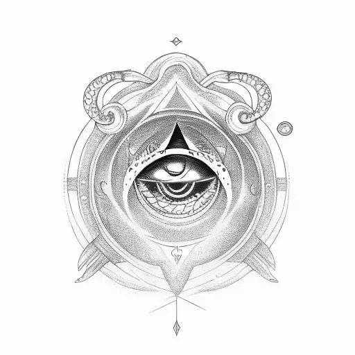 Tattoo composition with lady protector, ouroboros or uroboros snake, sea ocean, mountains, mist, compass, evil eye prote tattoo design idea