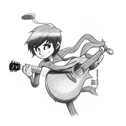 A sketch of Scott Pilgrim playing a guitar in a dynamic pose tattoo design idea