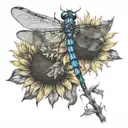 dragonfly landing on a sunflower tattoo design idea