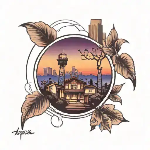 los angeles city view, sunset with plum  tattoo design idea