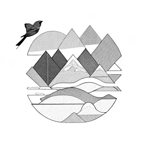 Sunset over a mountain range with a sparrow flying in the foreground tattoo design idea