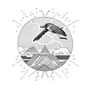 Sunset over a mountain range with a sparrow flying in the foreground tattoo design idea