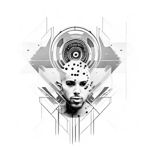 A realistic portrait of a famous electronic music producer with a humble and kind expression tattoo design idea
