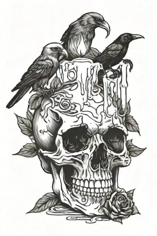  black and white realism skull with candle melting with a raven on the skull tattoo design idea