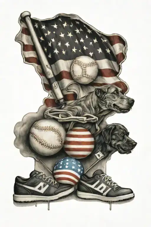An American flag as a baseball diamond with two M4's in a X with 2 baseballs in dog tags.  tattoo design idea