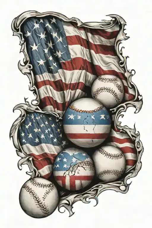 An American flag as a baseball diamond with two M4's in a X with 2 baseballs in dogtags.  tattoo design idea