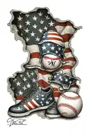 An American flag as a baseball diamond with two M4's in a X with 2 baseballs in dog tags.  tattoo design idea