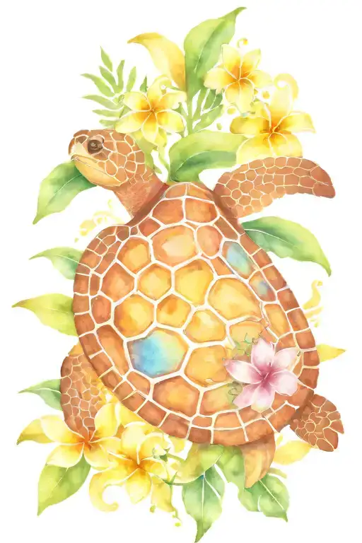 Hawaiian sea turtle with plumeria shell pattern tattoo design idea