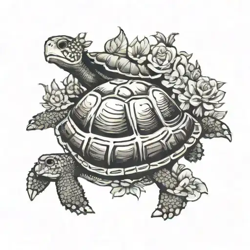 A mother turtle protecting her baby turtles from a scary movie monster, surrounded by flowers tattoo design idea