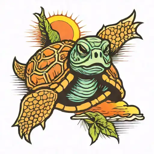A turtle wearing a scary movie mask, set against a beach sunset backdrop tattoo design idea