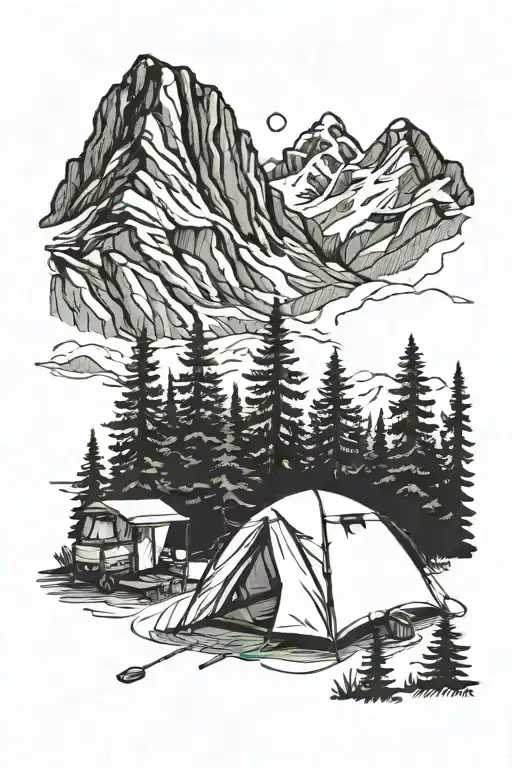 mountain camping scene tattoo design idea