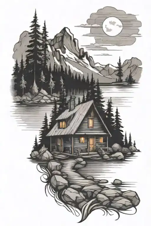 mountain camping cabin and river  tattoo design idea