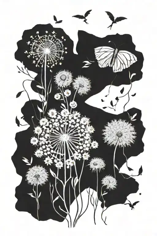 5 dandelions with flying seeds creating letters A L A S V  tattoo design idea