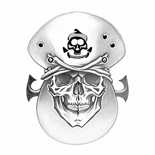 Skull pirate with a hat, front of a boat with his sword showing the way in the storm tattoo design idea