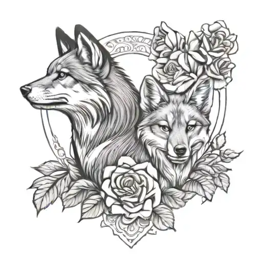 fox and wolf blended by roses tattoo design idea