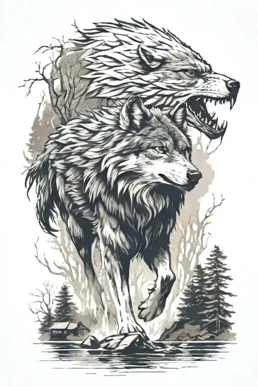A wolf on the forearm stood in trees, with a river flowing down the arm and an eagle on the shoulder/upper arm. tattoo design idea