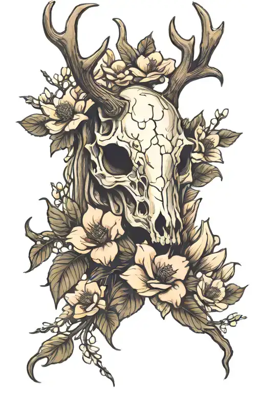 deer skull with magnolias blooming tattoo design idea