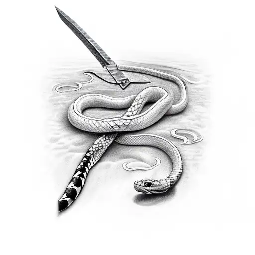 longsword with snake wrapped around blade and the tip of sword piercing the snakes head tattoo design idea