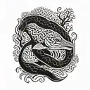 moray eel gliding under corals ocean conservation scene tattoo design idea