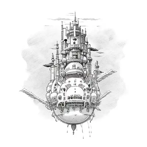 Something inspired by the aesthetics of Hayao Miyazaki's Howl's Moving Castle, but without the characters themselves. tattoo design idea