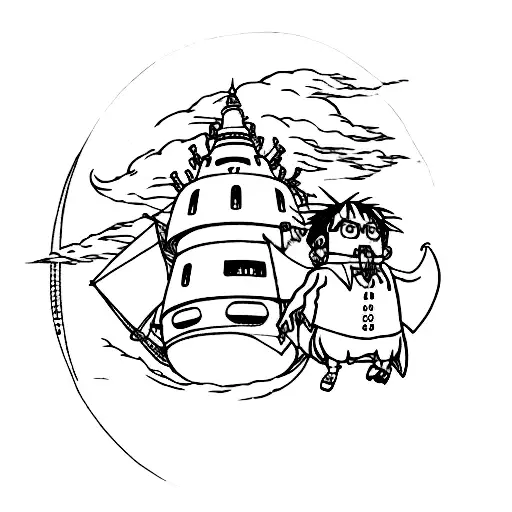 Something inspired by the aesthetics of Hayao Miyazaki's Howl's Moving Castle, but without the characters themselves. tattoo design idea