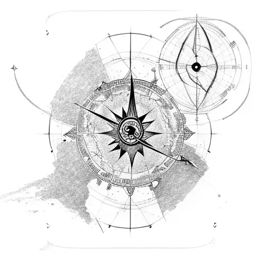 world map with wind rose, planes and clock tattoo design idea