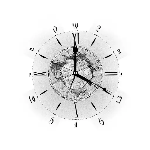 A clock with a world map as its face, showing the time of your favorite travel destination tattoo design idea