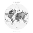 A minimalist world map with a compass pointing towards the client's favorite travel destinations tattoo design idea