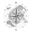 A minimalist world map with a compass pointing towards the client's favorite travel destinations tattoo design idea