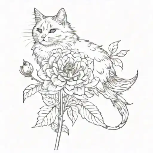 cat wrapping tail around a Dahlia flower with a finch resting on the stem tattoo design idea