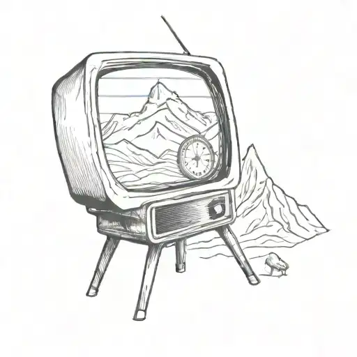A vintage TV set with a mountain landscape on the screen and a compass overlay tattoo design idea