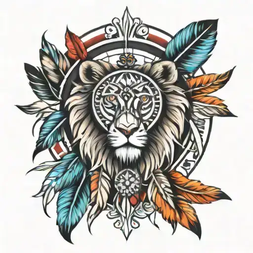 time, lion, medicine wheel with feathers tattoo design idea