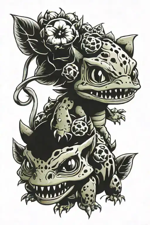 Bulbasaur with skull for bulb tattoo design idea
