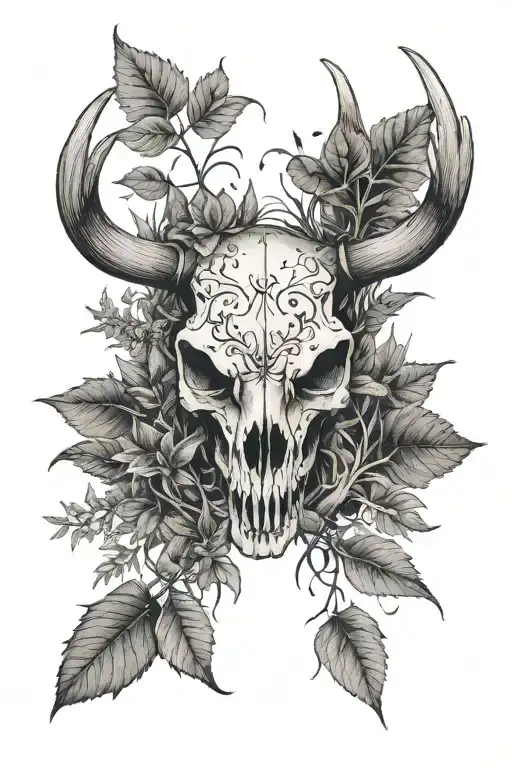 buck skull surrounded by weeds growing around them tattoo design idea