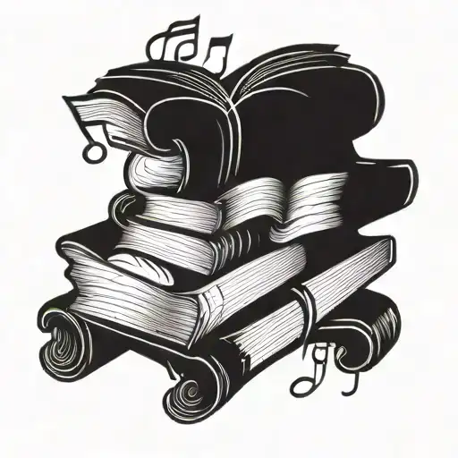 A blackwork tattoo of a stack of books with music notes floating around them tattoo design idea
