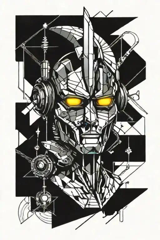 robot head, sword, compas, line work tattoo design combining tattoo design idea