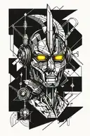 robot head, sword, compas, line work tattoo design combining tattoo design idea