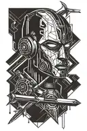 robot head, sword, compas, line work tattoo design combining tattoo design idea