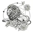 A celestial lion constellation with roses intertwined, representing the Leo zodiac sign and strength tattoo design idea