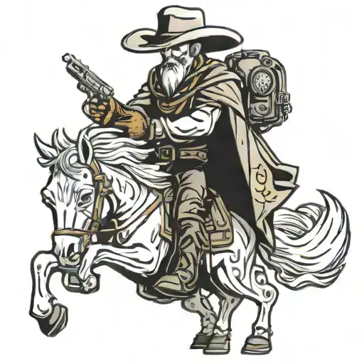 Gost with couwbpy boots and a cowboy hat on a horse with a gun   tattoo design idea