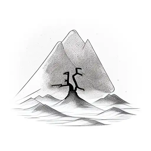 A sketch style tattoo of a minimalist mountain landscape with a lone tree silhouetted against the sky, capturing the beauty of simplicity and solitude tattoo design idea