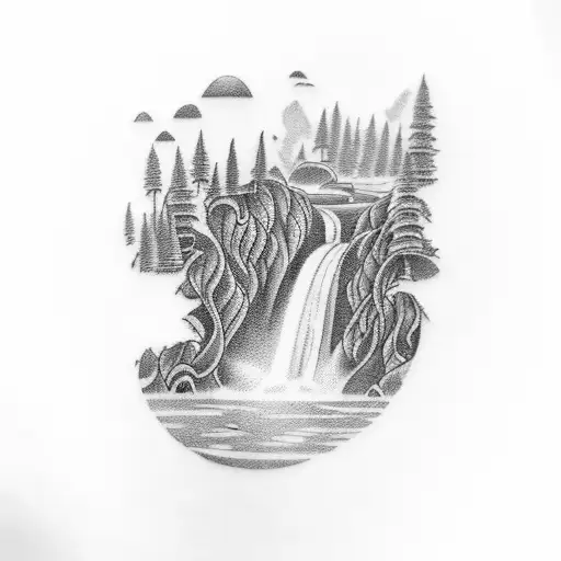 A blackwork tattoo of a roaring waterfall cascading down the Blue Ridge Mountains landscape tattoo design idea