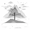 A sketch style tattoo of a minimalist mountain landscape with a lone tree silhouetted against the sky, capturing the beauty of simplicity and solitude tattoo design idea