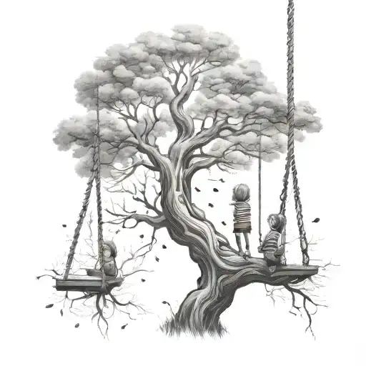 Forest, Tree , spring, 2 children are sitting on a swing that is attached to a branch, heart in the middle tattoo design idea